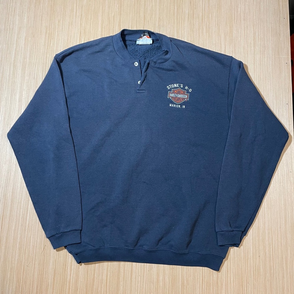 Harley-Davidson Sweatshirt Mens Large Navy Lee Heavyweight Henley Vintage USA